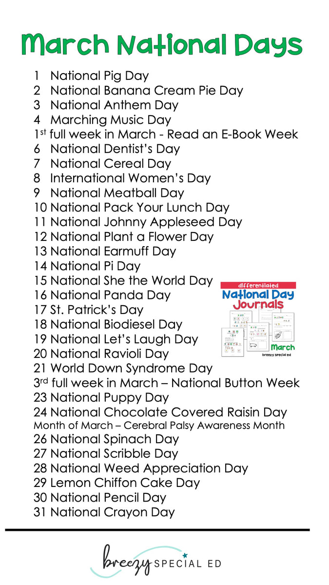 National Days March Differentiated Journals for special education ...