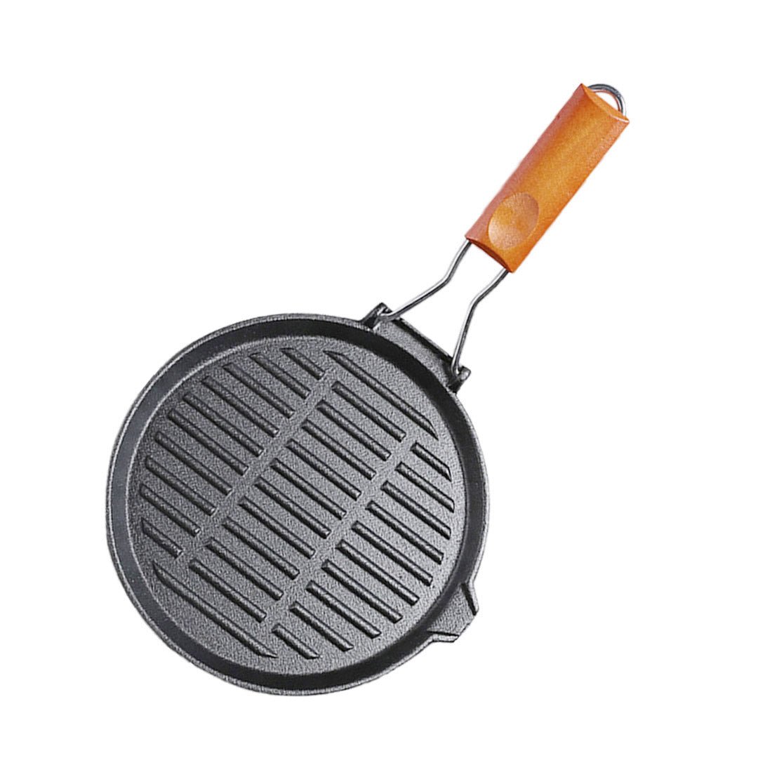 Rectangle Cast Iron Grill: Skillet Pan/ Foldable Wooden Handle 35x21cm
