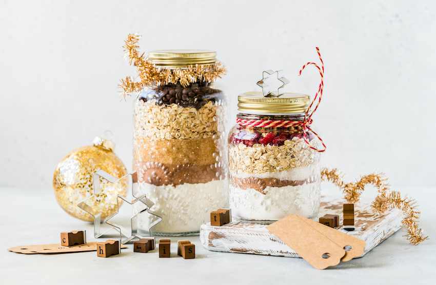 Festive mason jar gifts filled with healthy snacks