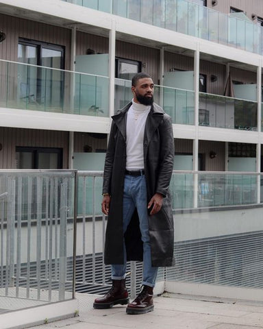 Manteau long en cuir noir pour homme