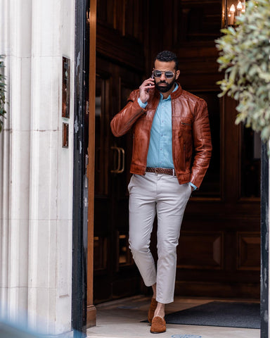 Mens Brown Leather Jacket with Button up shirt