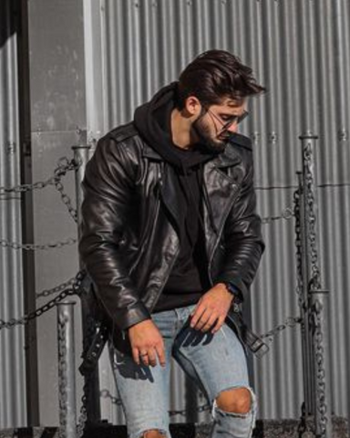 Veste en cuir noir avec capuche pour homme