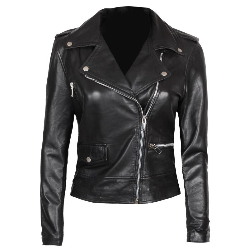 Asymmetrical black leather moto jacket women's | Real Leather | Decrum