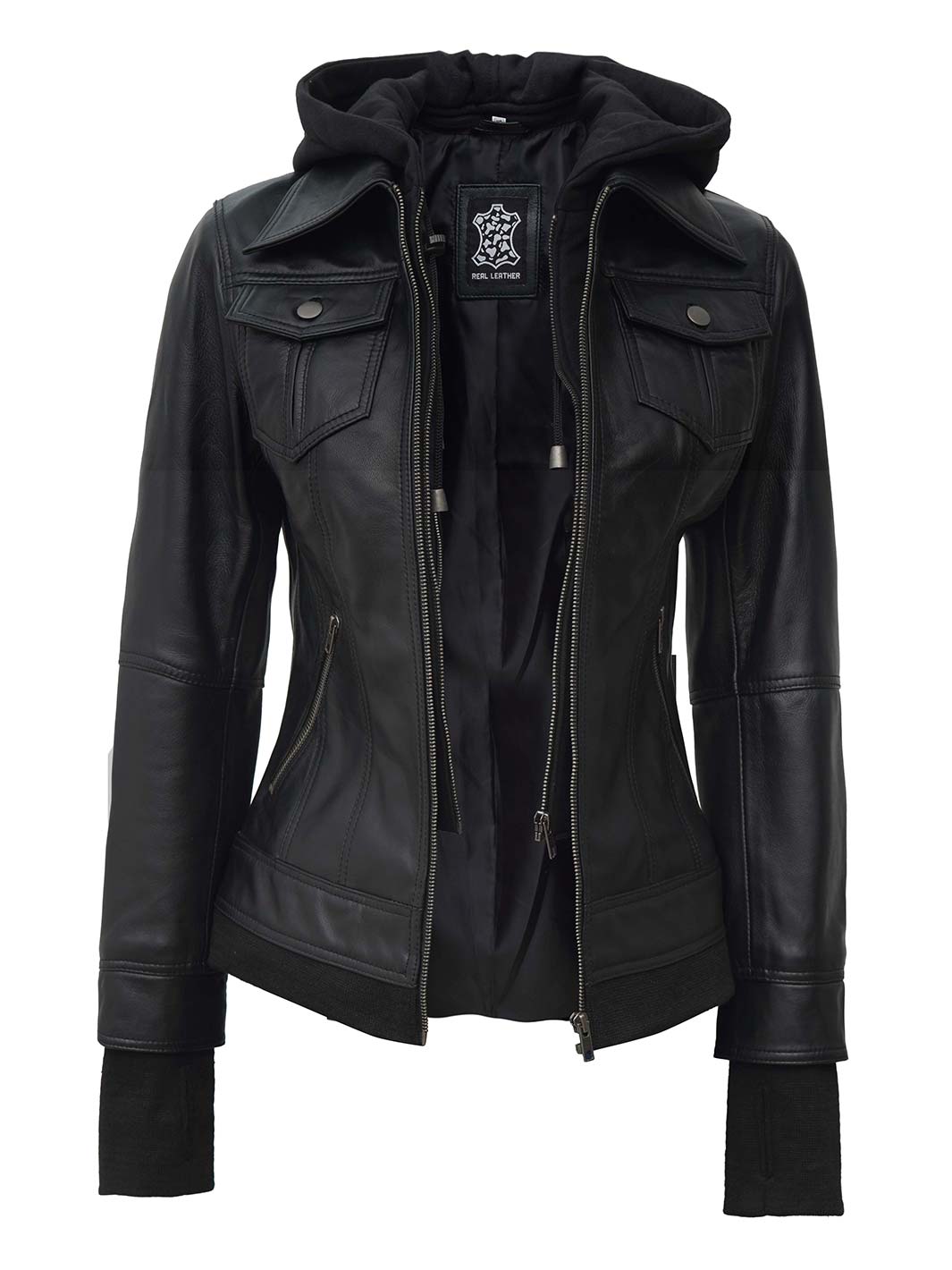 Tralee Black Hooded Leather Jacket Womens | Real Leather | Decrum