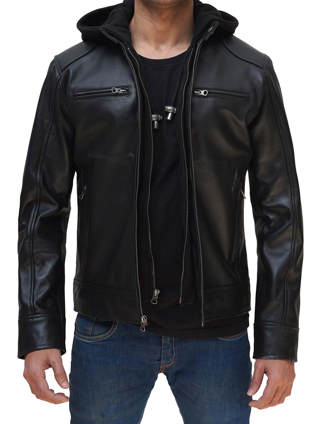Dodge Mens Black Leather Jacket With Hood | Real Leather | Decrum