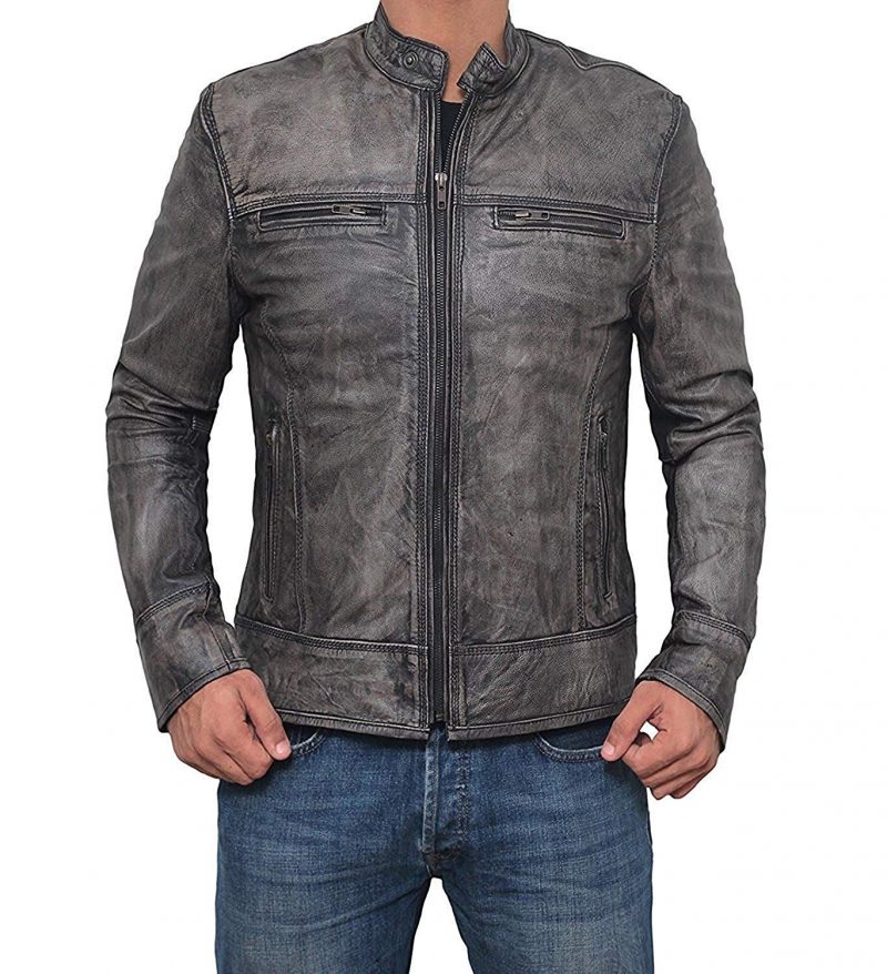 Mens Distressed Grey Leather Jacket - Decrum