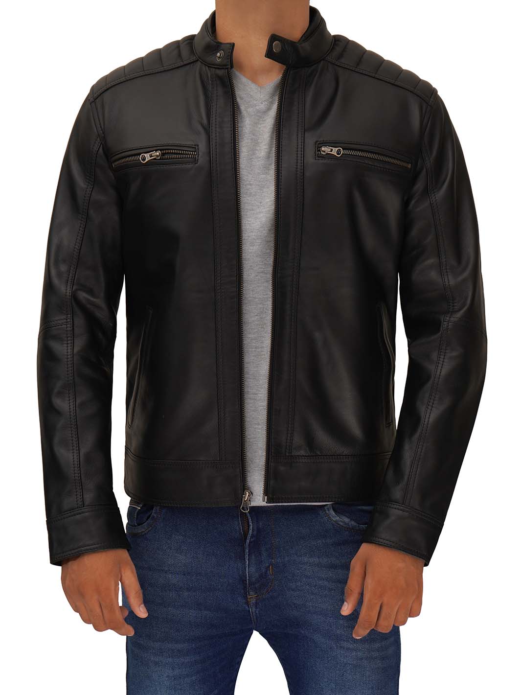 Black Slim Fit Leather Biker Jacket Mens - Decrum