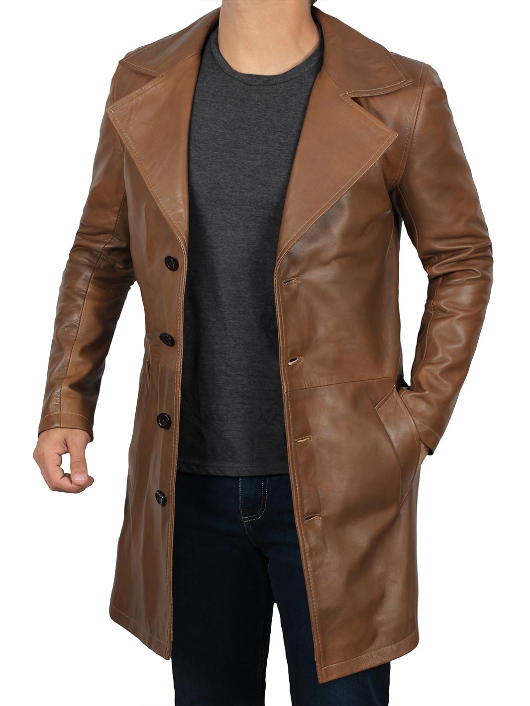 Mens Jackson Brown Leather Car Coat - 100% Real Leather#N#– Decrum