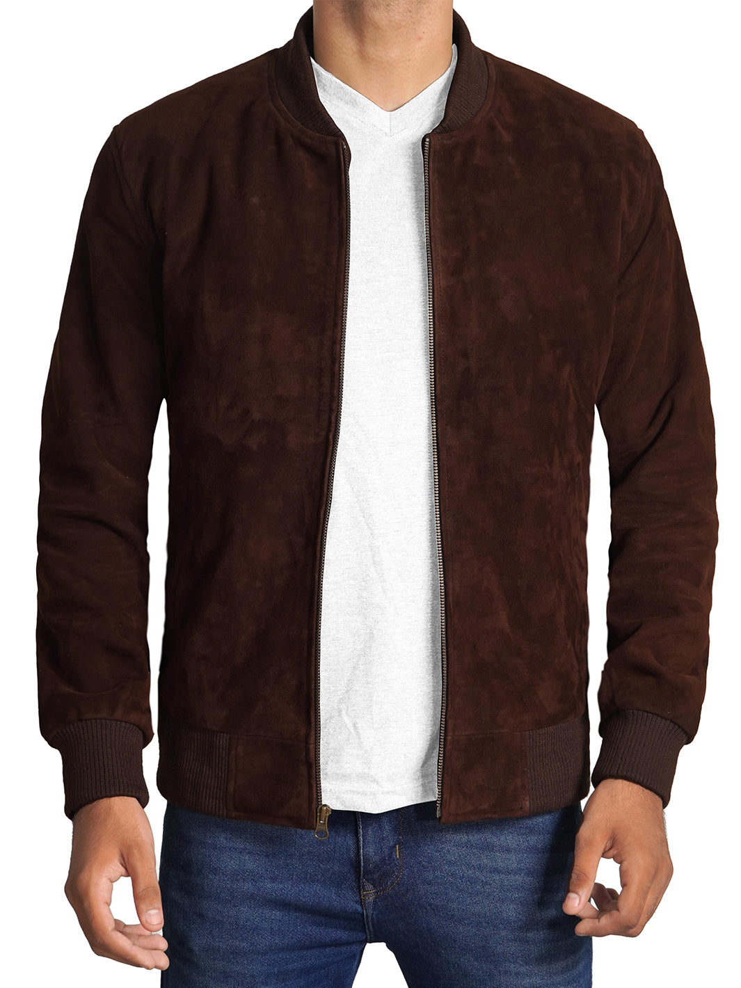 Adamsville Dark Brown Bomber Jacket | Suede Leather | Decrum