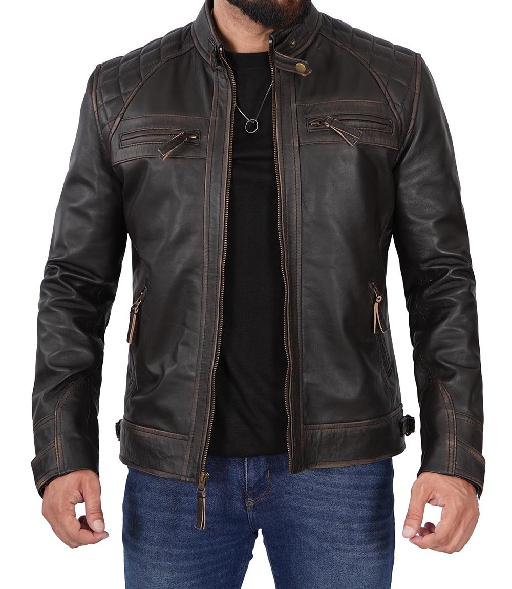 Men's Dark Brown Motorcycle Leather Bomber Jacket – Decrum