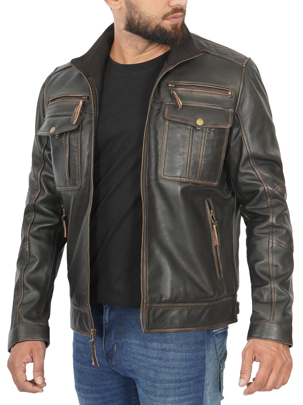 Dark Brown Mens Motorcycle Style Leather Jacket | Real Leather | Decrum