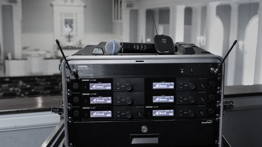 Shure wireless mics mounted into rack box