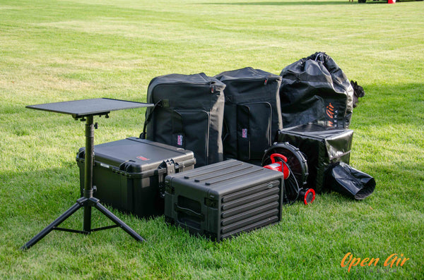 Well-packed set of outdoor movie equipment 