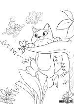 Chat qui grimpe à un arbre avec deux papillons - Bébéalis - Coloriage pour enfant