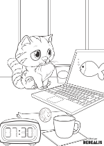 Chat qui regarde un ordinateur avec un poisson - Bébéalis - Coloriage pour enfant