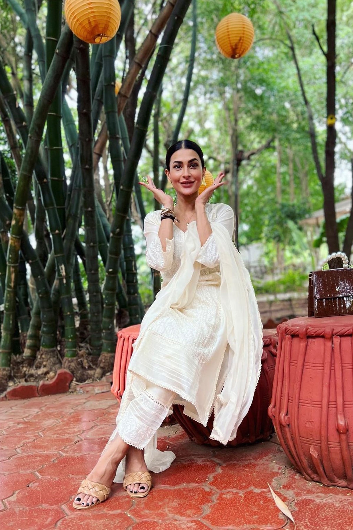 Deviya Singh Choudhary in Egg White Chikankari Chanderi Suit Set