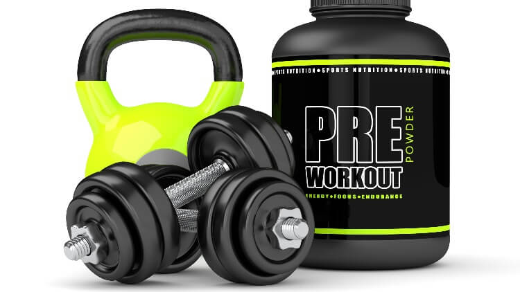 DMHA pre workout powder dumbbells and kettlebell