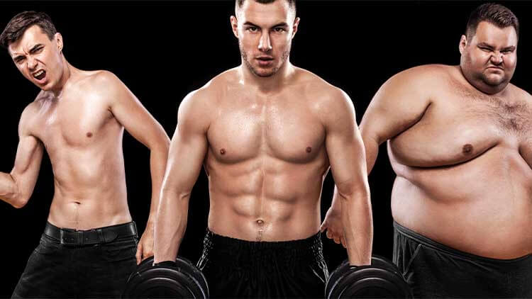 Group of three young sports men - fitness models holds the dumbbell on black background. Fat, fit and athletic men