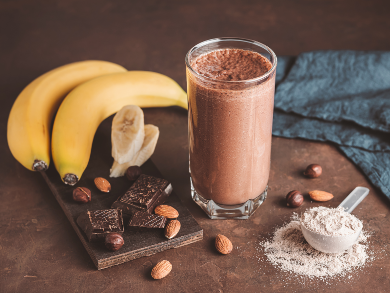 Chocolate protein shake and banana