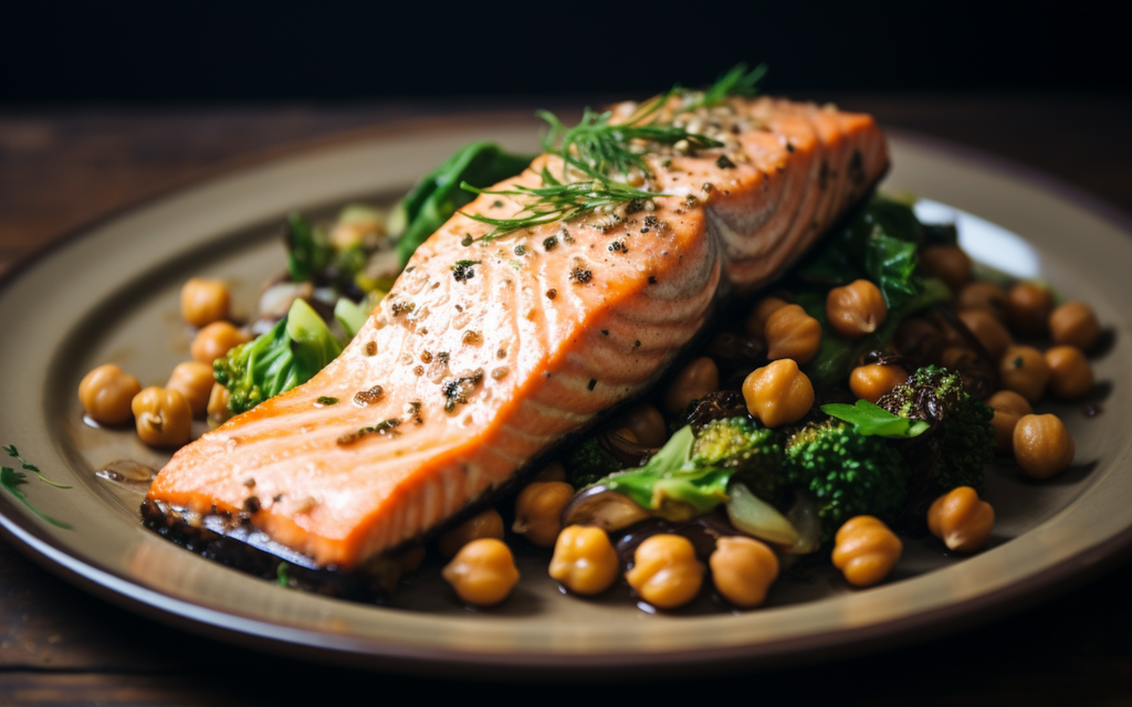 Salmon with chickpeas and greens