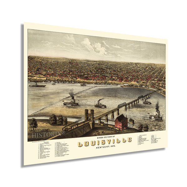 Bird's Eye View of Louisville Kentucky Map Wall Art Print