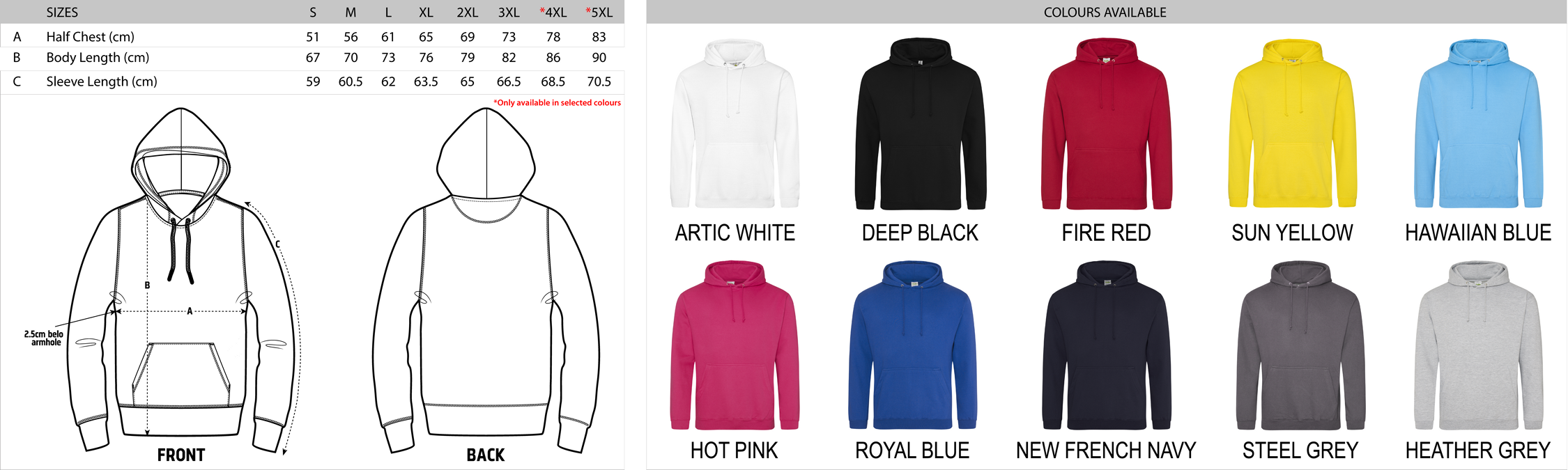 HOODIES SIZE AND COLOUR CHART