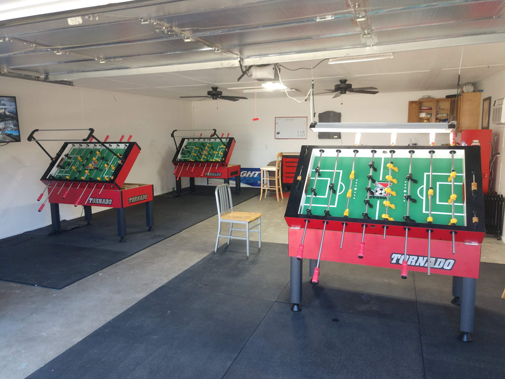 Tornado T-3000 Competition Foosball Table in Crimson Red with optional light fixtures and red handle wraps