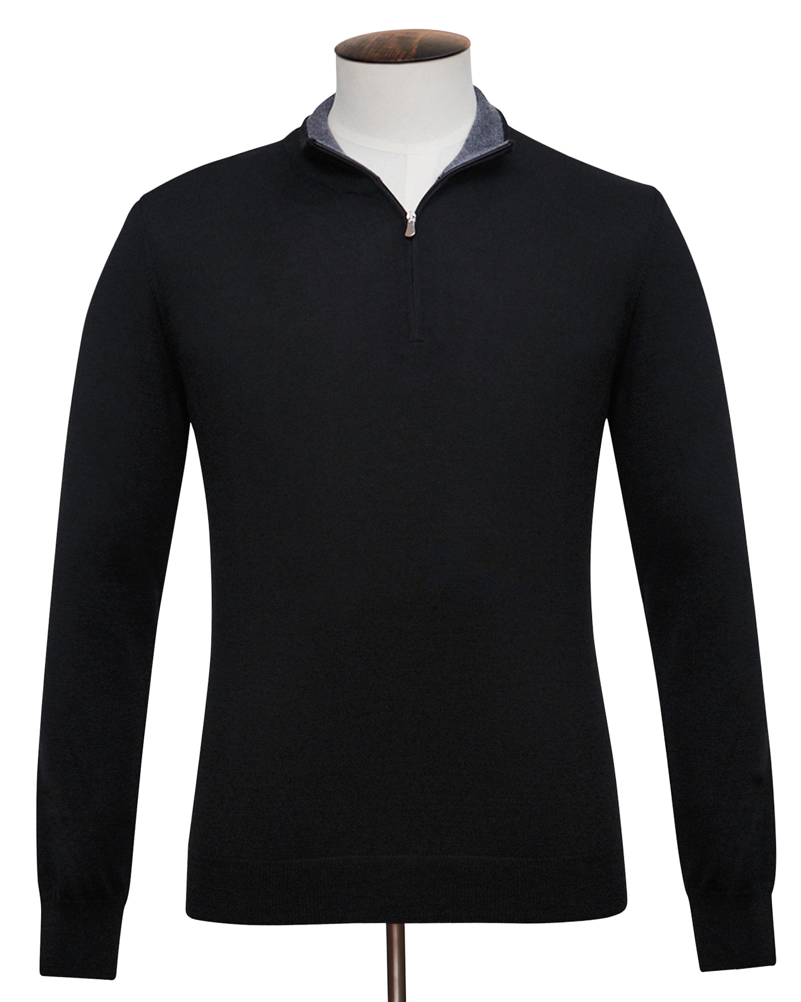Black Wool Fine Merino Half Zip Sweater