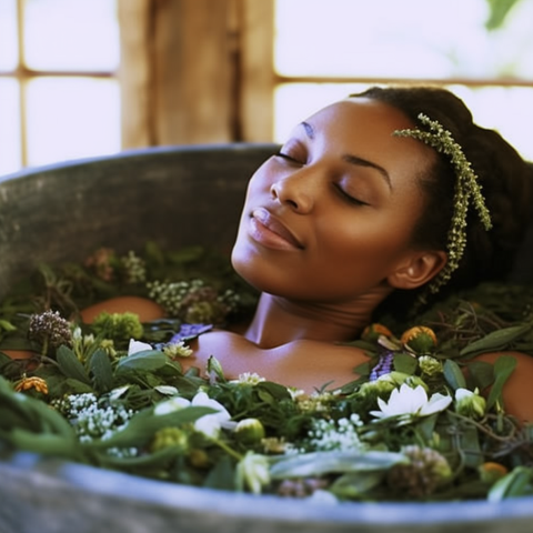 A tranquil scene of a person enjoying a rejuvenating herbal bath