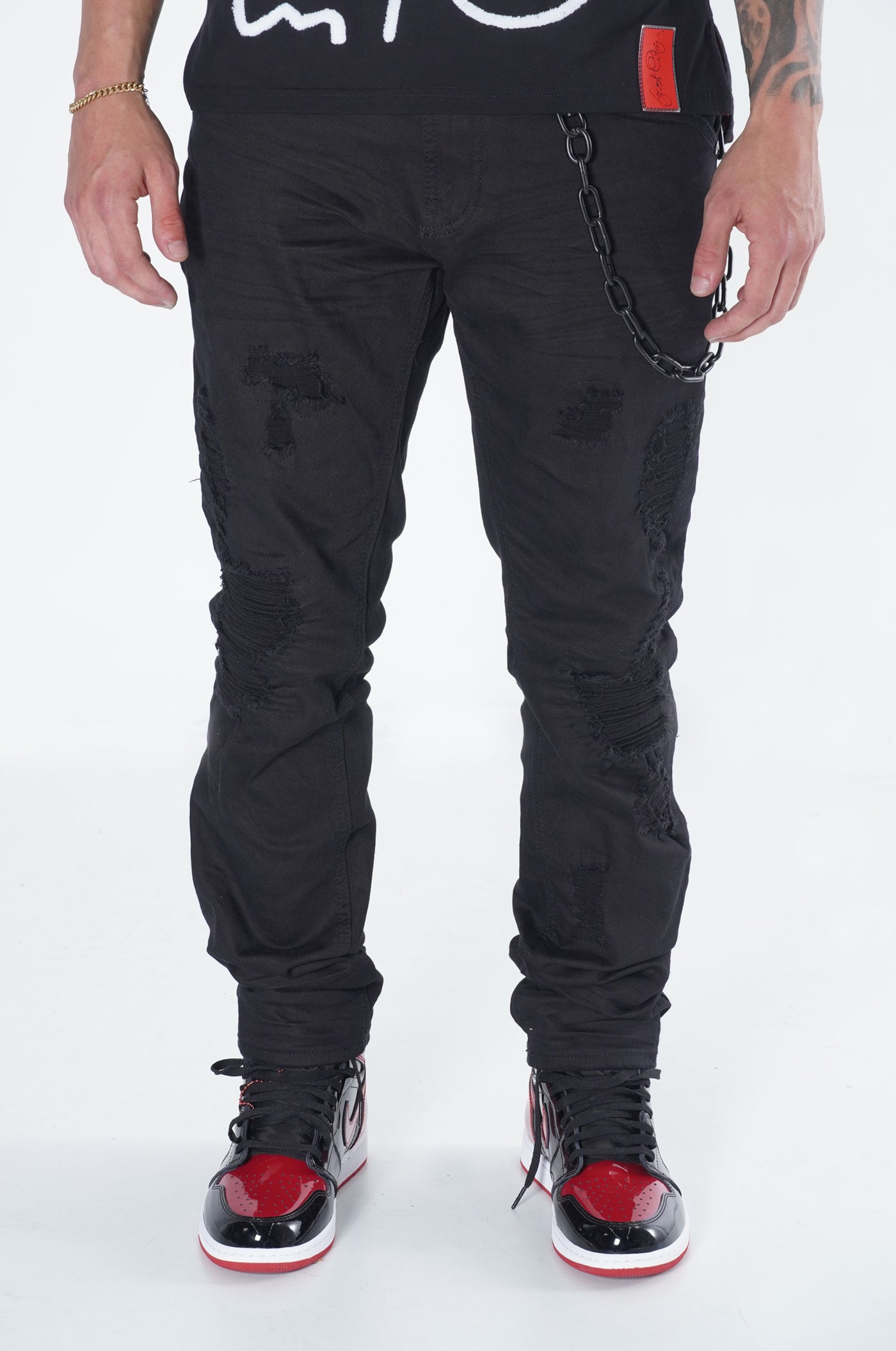 F1777 Frost Denim Jeans w/ Cord & Chain - Black/Black