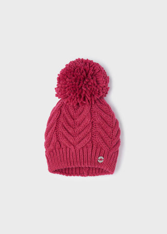 Cable Pompom Beanie in Raspberry