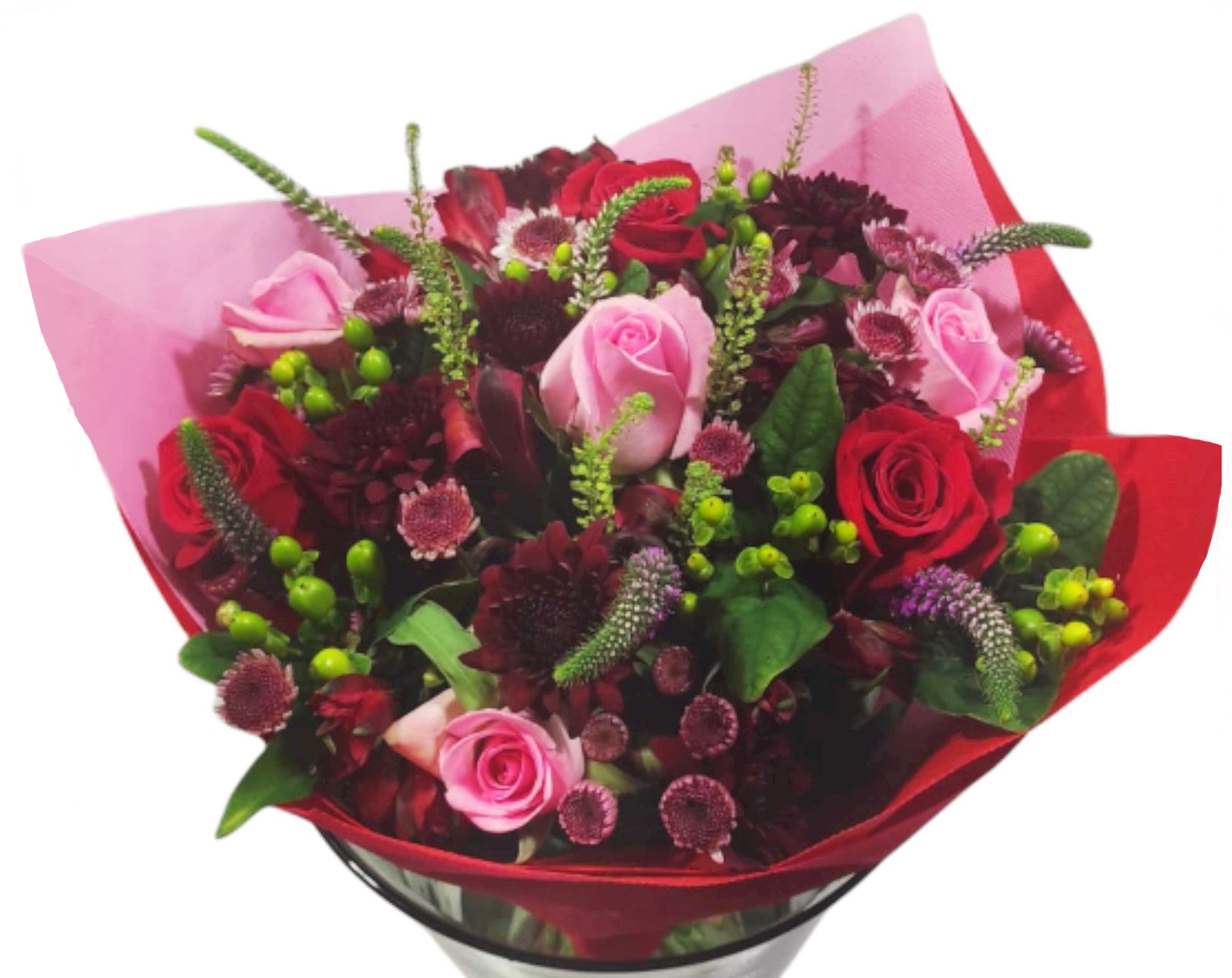 Comprised of red and pink roses, burgundy chrysanthemums, veronicas, hypericum and many other varieties, Flirt And Fun by Flower Co. is the ideal gift to celebrate romantic occasions. You will always be remembered!