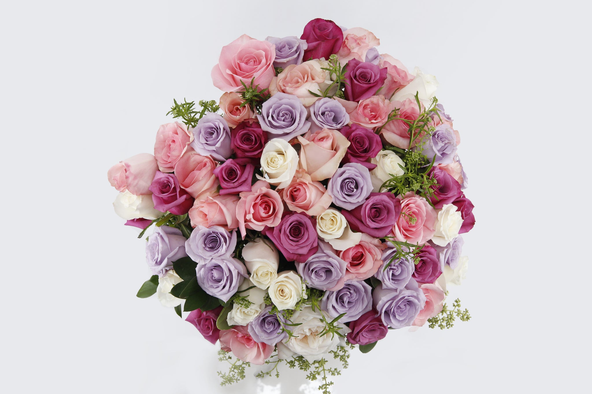 In Bloom Divine Top - purple roses , pink roses , cream roses , off-white roses , vase arrangement