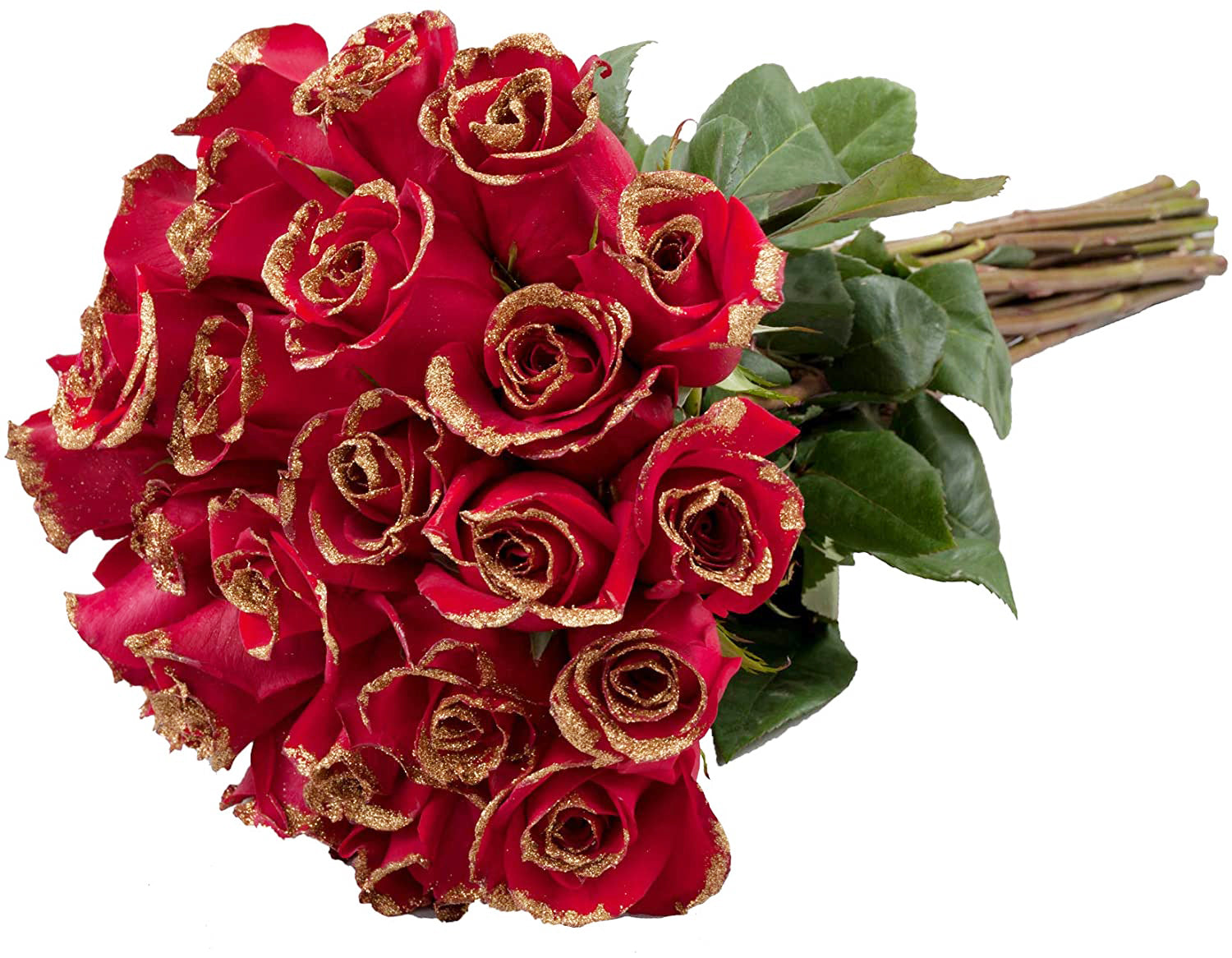 Premium red rose arrangement with golden glitter, a unique gift for a loved one this holiday season.