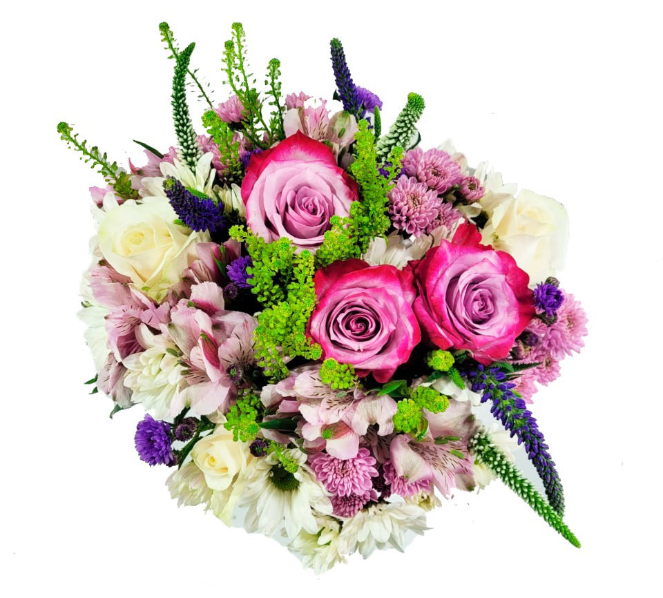 Fresh bouquet to celebrate any special occasion, long-lasting flowers in purple wrapping paper that complements the color palette of the floral arrangement.