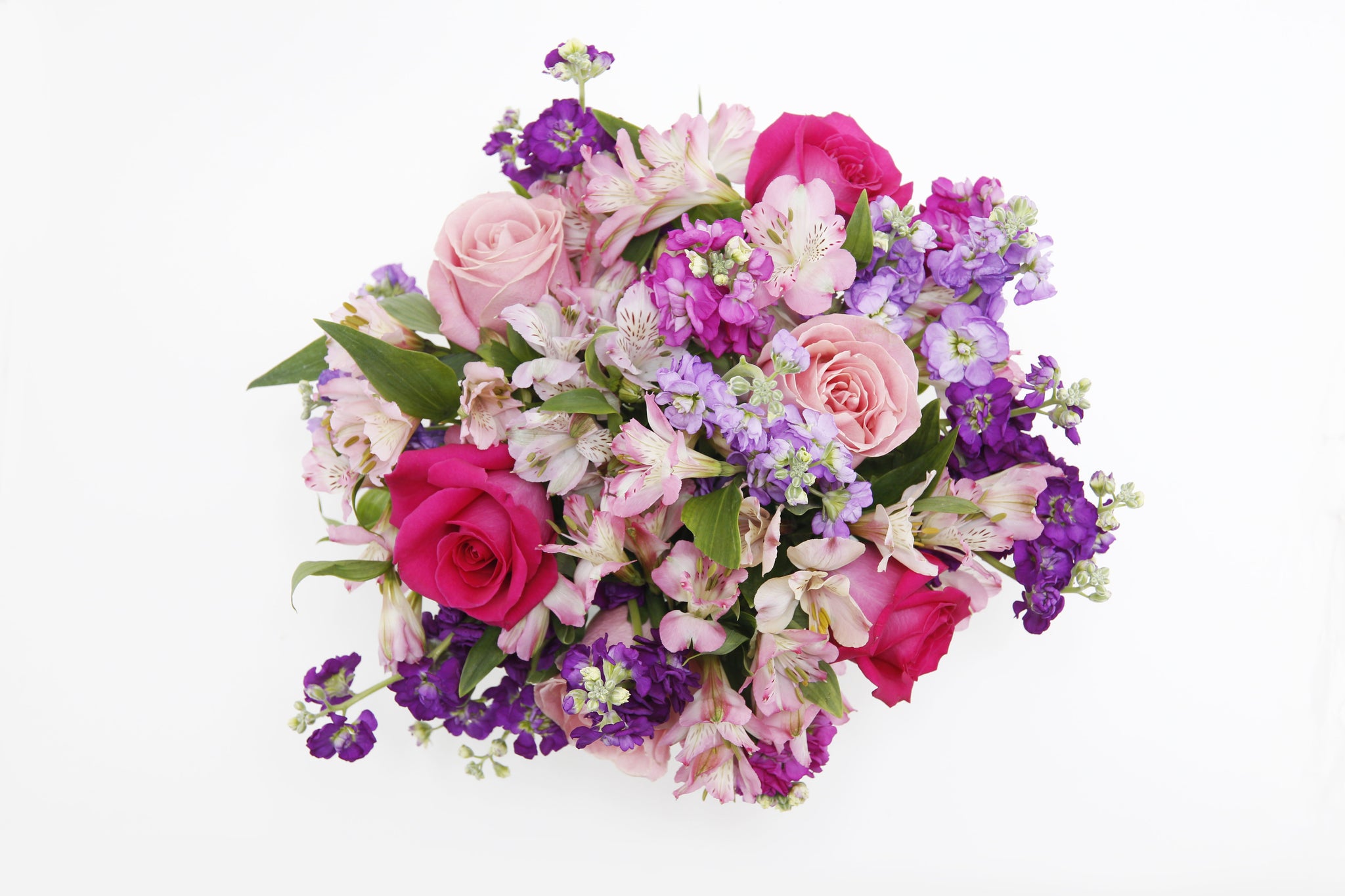 Tranquil Bouquet TOP - hot pink roses , pink roses , purple stock , lavender stock , fuchsia stock , pink lilies , Top of bouquet