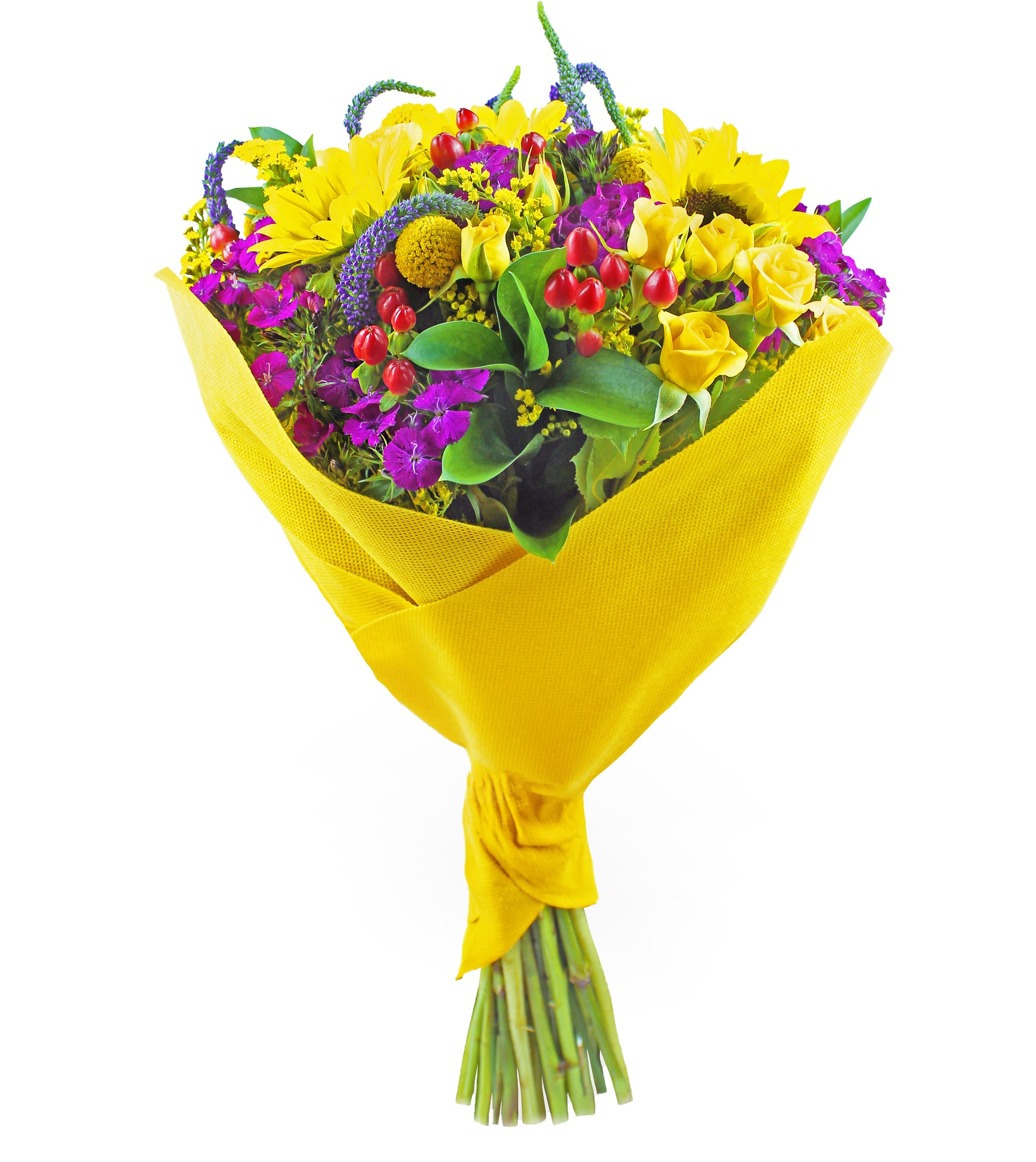 Floral arrangement of 38 bright blooms in yellow, purple and red shades. Delivered in yellow eco-friendly wrapping and grown in the mountains of Ecuador.