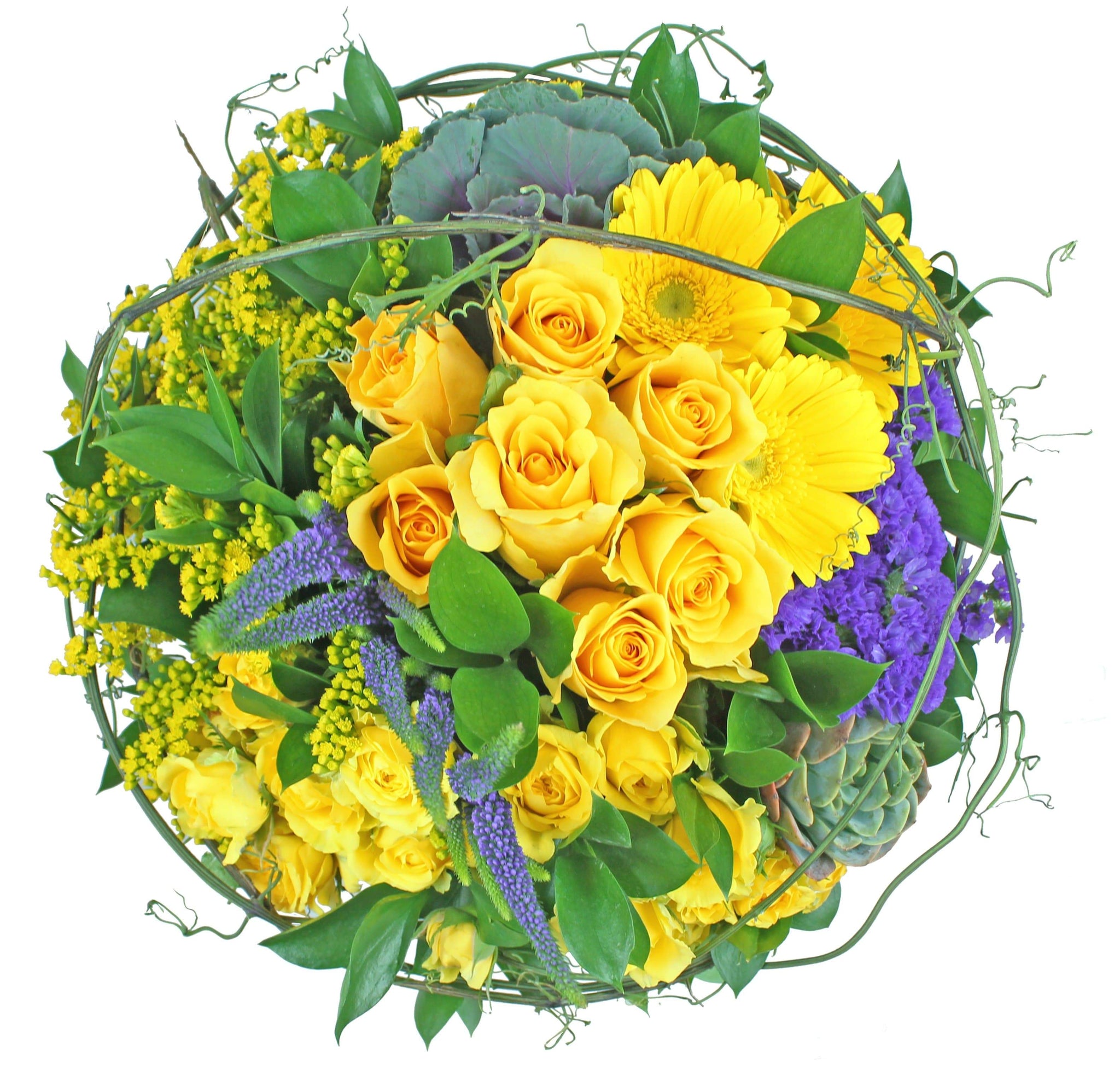 Bright floral design of 46 stems in yellow and purple shades. Perfect to send as a congratulatory gift or to express joy and friendship.