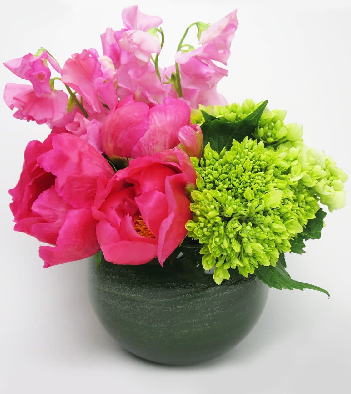 soft pink sweetpeas flowers toronto , coral peonies , green hydrangeas , vase arrangement