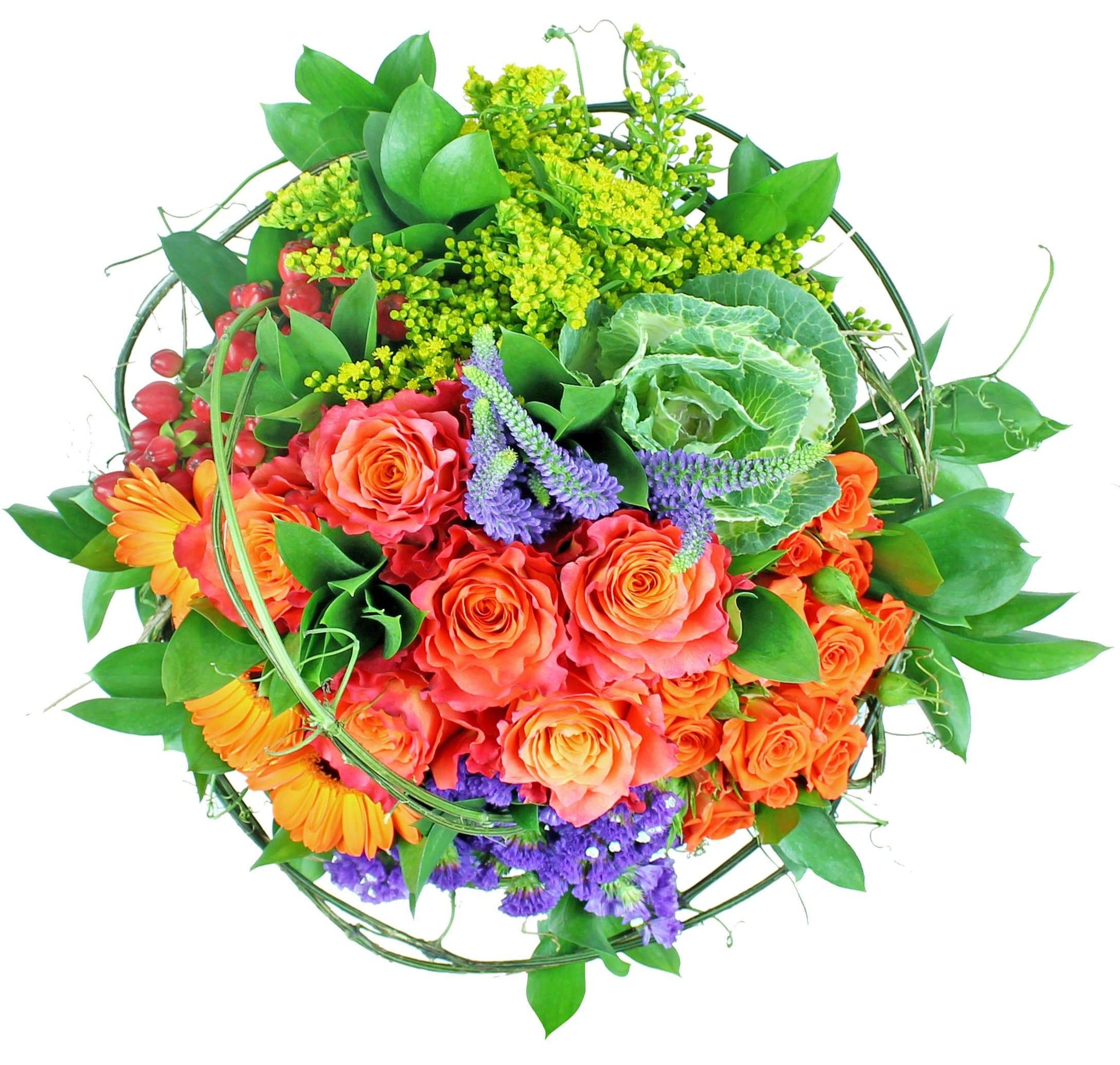 Stunning 50-stem bouquet with orange, red, yellow, purple and green flowers. Grown in Ecuador and delivered by Flower Co.