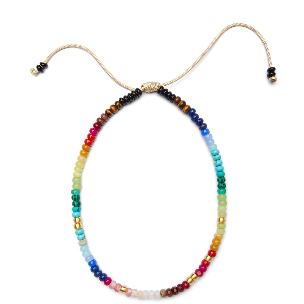 Rainbow Gemstone Beaded Necklace with 14K Yellow Gold Pony Beads