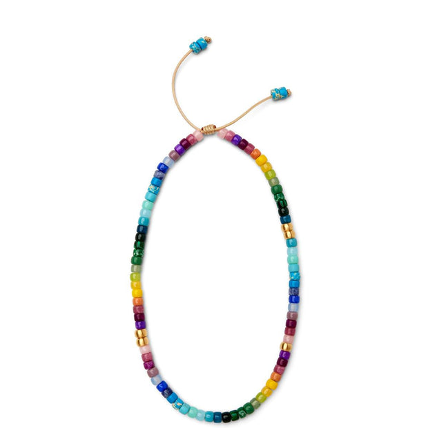 Rainbow Gemstone Beaded Necklace with 14K Yellow Gold Pony Beads