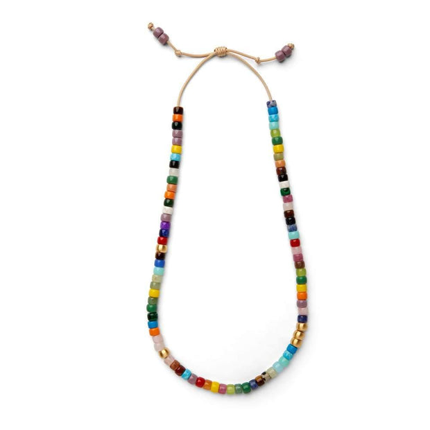 Rainbow Gemstone Beaded Necklace with 14K Yellow Gold Pony Beads