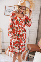 Load image into Gallery viewer, Red Rust Floral Square Neck Button Babydoll Dress
