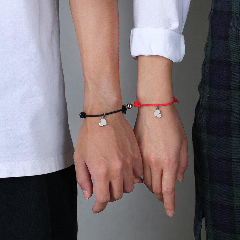 Black & White Rope Magnetic Heart Couples Bracelet Set - Auswara