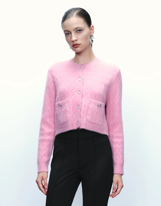 Urban Revivo boucle knit cardigan with pearl buttons in pink