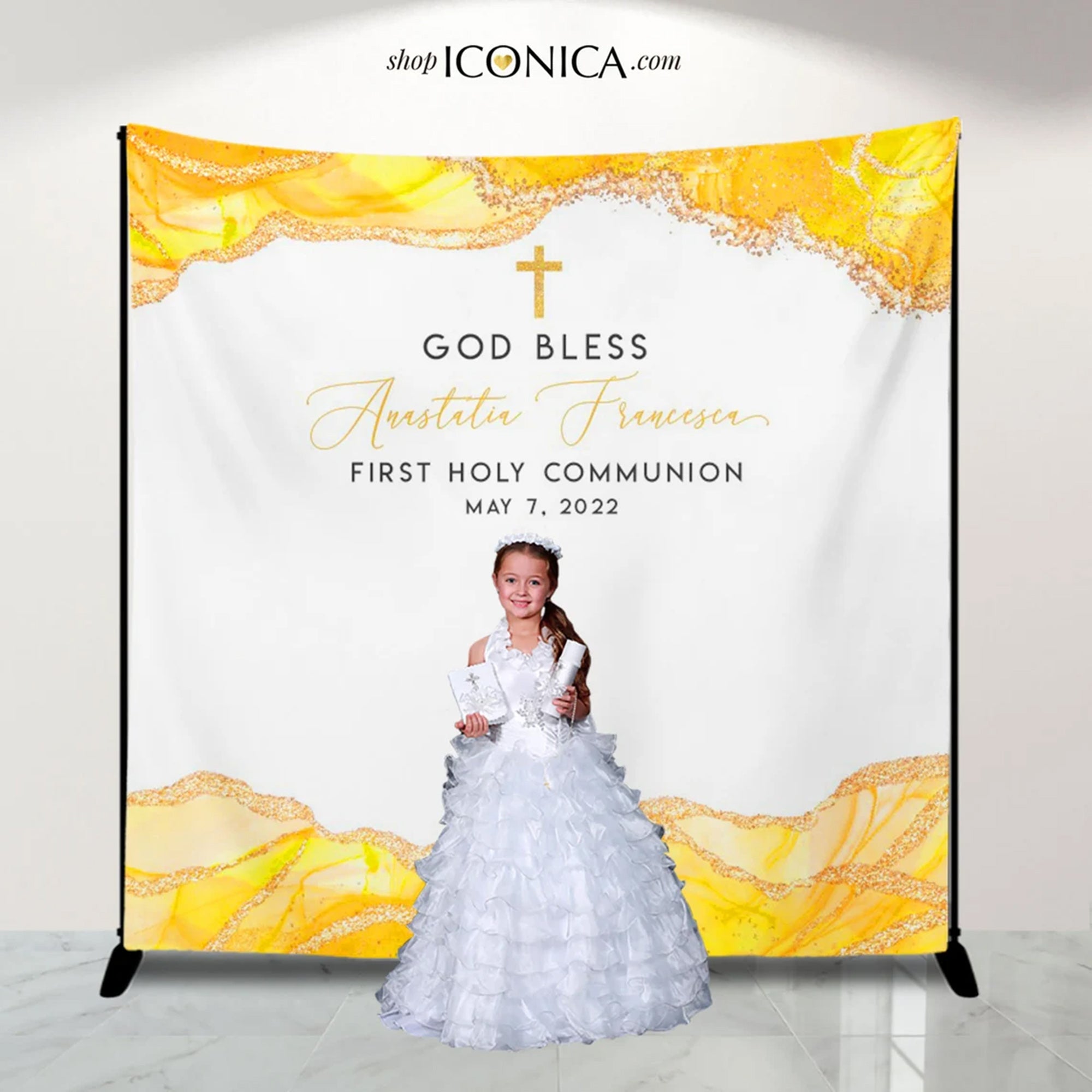 First Communion backdrop Boy or Girl Geode Theme Yellow Agate, Communi –  Iconica Design