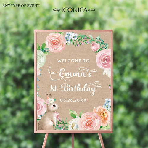 Bunny First Birthday Welcome Sign, Floral Garland 1st Birthday Sign, S –  Iconica Design