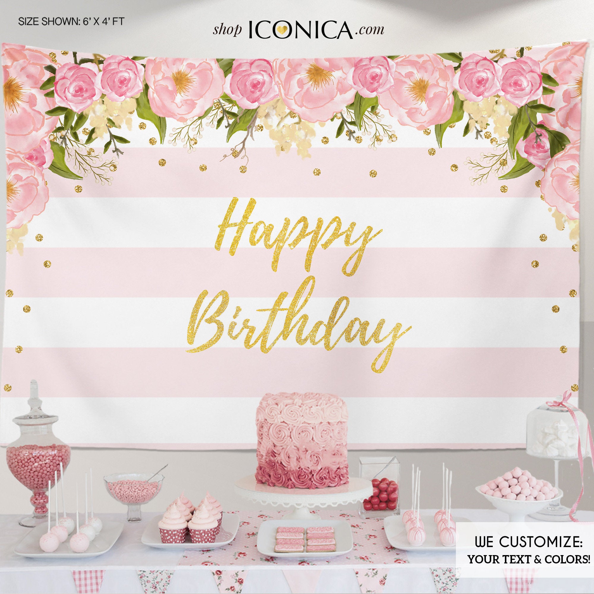 Floral First Birthday Party Backdrop Gold and Pink Dessert Table Banne –  Iconica Design