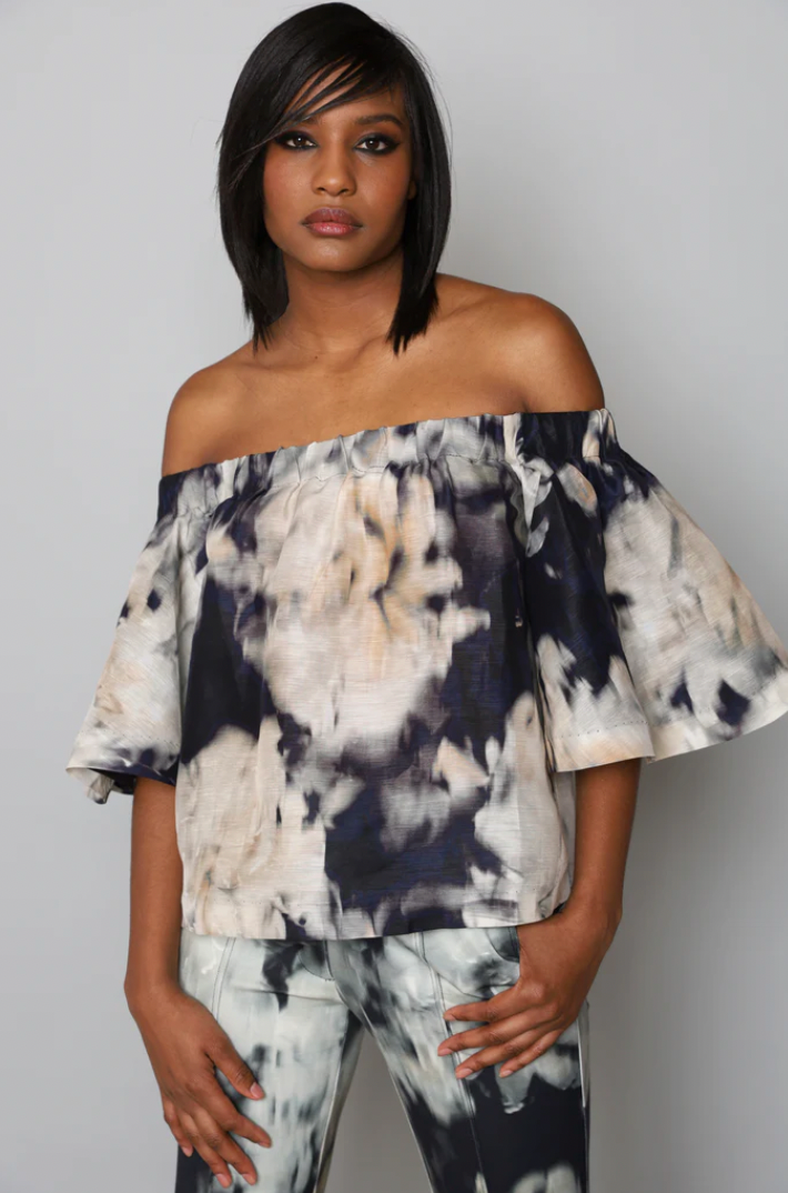 Off-Shoulder Blouse, Black Floral Depths